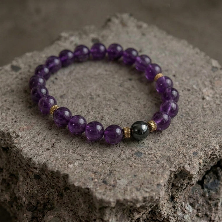 Bracelet en améthyste pour femme avec perle d'hématine aimantée