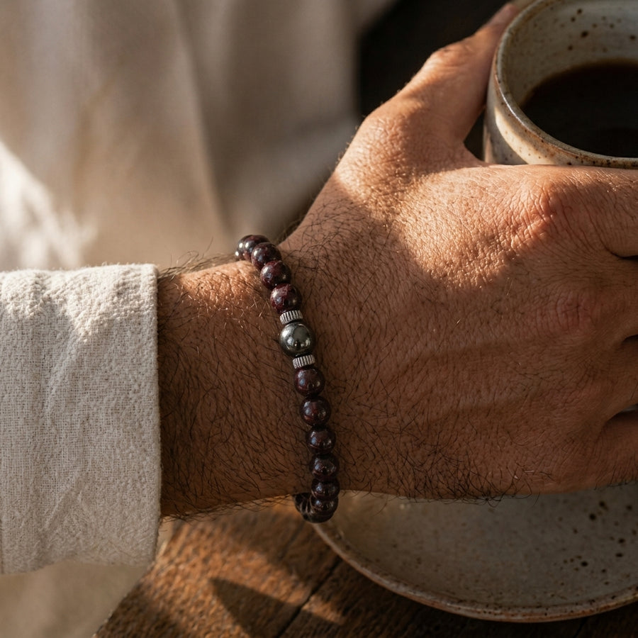 Bracelet homme en grenat almandin porté au poignet, tasse de café à la main