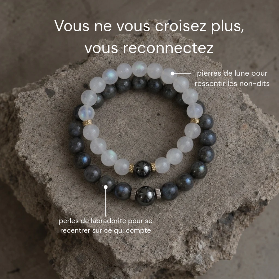 Duo Le Fil en pierre de lune et labradorite, détail des pierres